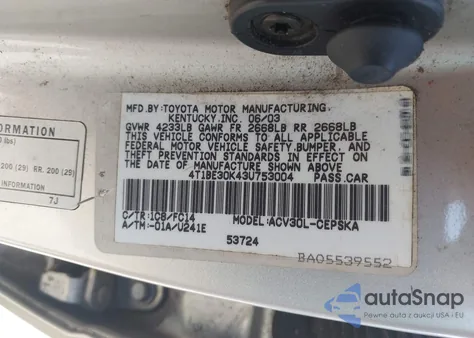 2003 Toyota Camry Se from USA, damaged, VIN 4T1BE30K43U753004